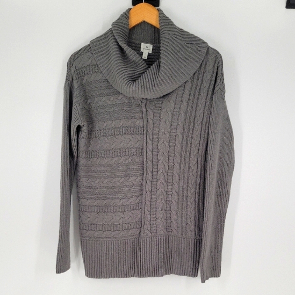 Gray Cable Knit Cowlneck Sweater